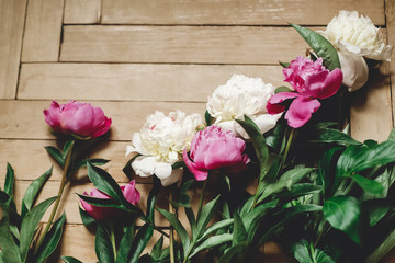 Beautiful pink and white peonies on rustic wooden floor , flat lay. Floral decor and arrangement. Gathering flowers. Rural still life, countryside flowers