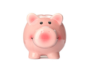 Happy piggy bank isolated on white background. Finance, saving money