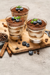 Classic tiramisu dessert in a glass with blueberries on concrete background