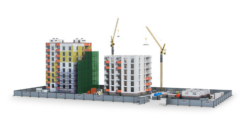 Building. Phased construction of a modern residential complex, isolated on white background. 3D illustration