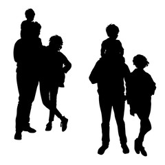 Parents with a child on dad's shoulders, silhouettes of a married couple in full growth during the walk