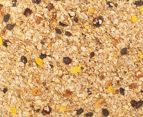 Organic homemade Granola cereal. Texture oatmeal granola or muesli as background. Top view or flat-lay. Copy space for text. 