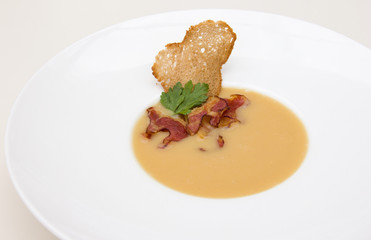 pea cream soup on a special plate, smoked bekoi, toast, restaurant serve