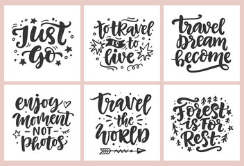 Travel, adventures hand written lettering quotes icons badges set