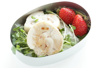 Chinese steamed chicken on rice with strawberry and sprout