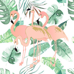Tropical seamless pattern with flamingo and tropic leaves.Vector illustration. Watercolor style