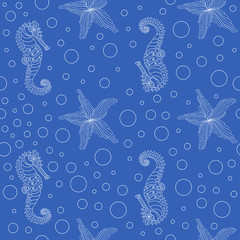 seamless background with images of seahorse and sea star. white line drawing on blue background