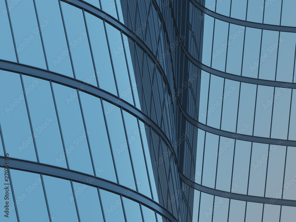 Aufkleber 3d stimulate of high rise curve glass building and dark steel window system on blue clear sky backgr