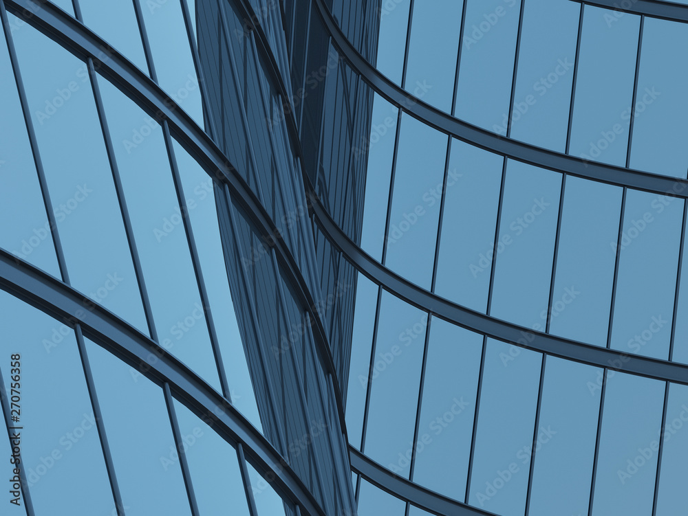 Aufkleber 3d stimulate of high rise curve glass building and dark steel window system on blue clear sky backgr