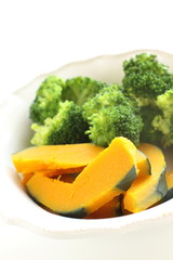 Boiled pumpkin and broccoli for prepared food image