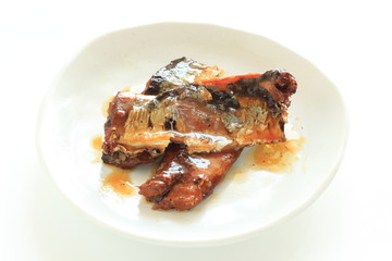 Canned food, pacific saury on dish with copy space