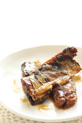 Canned food, pacific saury on dish with copy space