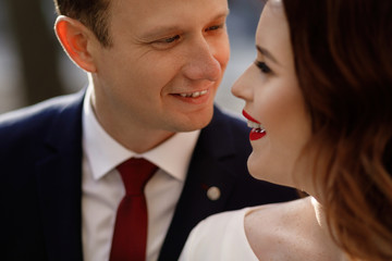 Bride and Groom on Wedding Day in city.