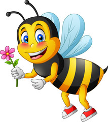 Cartoon cute bee carry flower. vector illustration