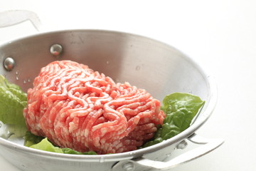 Ground pork, on pan for cooking image
