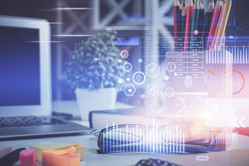 Data tech hologram with glasses on the table background. Concept of technology. Double exposure.