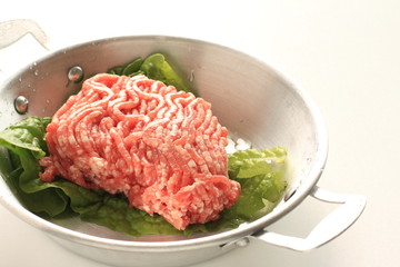 Ground pork, on pan for cooking image