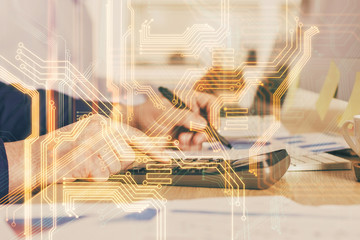 Close up of human hands and abstract innovative technologies for industries. Double exposure.