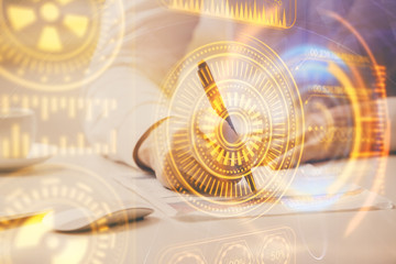 Close up of human hands and abstract innovative technologies for industries. Double exposure.