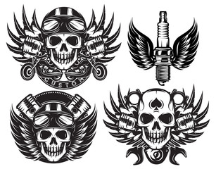 vector set of monochrome image on motorcycle theme with skull, wings, engine