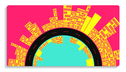 card background with graphic urban landscape in bright pop shades