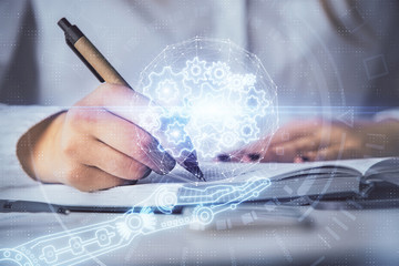 Writing man with technology icons. . Double exposure. Network and data concept.