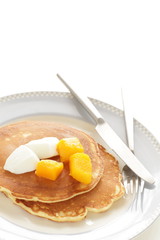 Frozen mango on panccake with copy space