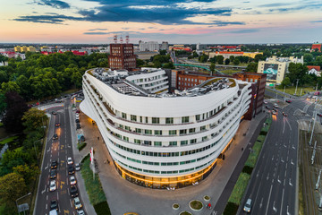 Ovo building in Wrocław aerial view - obrazy, fototapety, plakaty