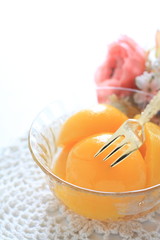 peach on bowl with copy space