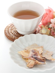 Japanese food, squid senbei snack on dish