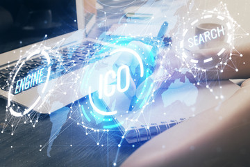 Cryptocurrency hologram over hands taking notes background. Concept of blockchain. Multi exposure