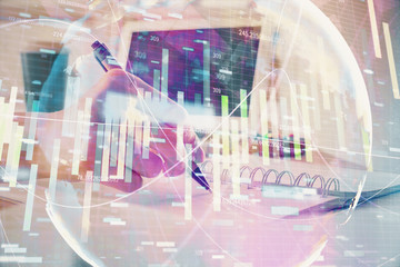 International business hud over woman's hands writing background. Concept of hard work. Double...