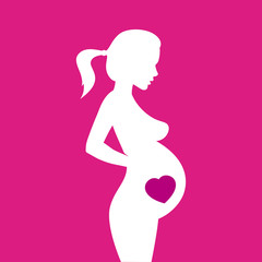 Fototapeta na wymiar Silhouette of pregnant woman with heart on pink background