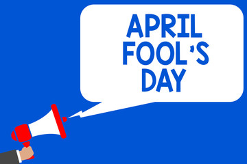Word writing text April Fool s is Day. Business concept for Practical jokes humor pranks Celebration funny foolish Multiple lines blue script message declare public speaker announcement