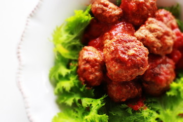 Meat ball and lettuce with copy space