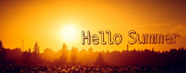 Hello summer banner. New season . Welcome card Photo with sunset. Sunset in the field. Summer...