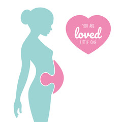 Silhouette of pregnant woman with heart on color background. Puzzle belly.