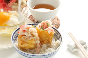 Chinese food, crab sauce on deep fried tofu 