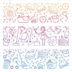 Fototapeta premium cleaning services company vector monochrome pattern on white background, drawing gradient, notebooks lined