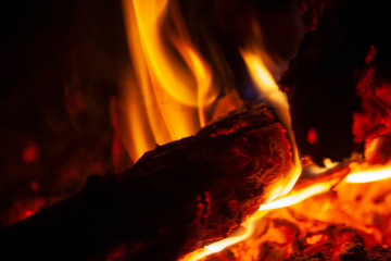 Flame bonfire. Open fire at night. Bonfire at night. Tourists are burning a fire. The fire is...