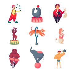 Circus clown, Seal, Elephant, poodle, monkey, tigerbear on a bicycle, strong man, magician. Vector illustration Isolated on white background. Cartoon and flat style.