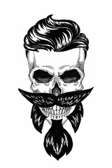 Monochrome illustration barbershop of skull with beard, mustache, hipster haircut and on white background, cartoon, angry, beautiful, brutal.