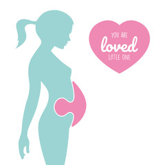 Silhouette of pregnant woman with heart on color background. Puzzle belly.