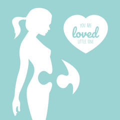 Silhouette of pregnant woman with heart on color background. Text - You are loved little one. Puzzle belly.