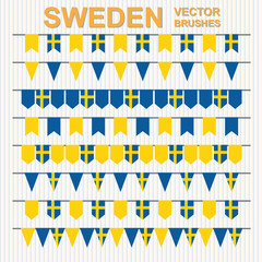 Set of vector pattern brushes on striped background. Sweden. Yellow, blue.