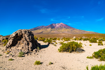 View of the High altitude volcano Tunupa at the edge of the Uyuni Salt Flat