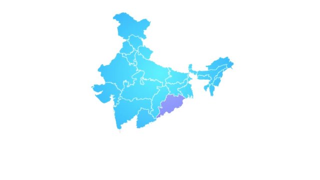 India Country Map Showing Up Intro By Regions/ 4k animated india map intro background with countries appearing and fading one by one and camera movement