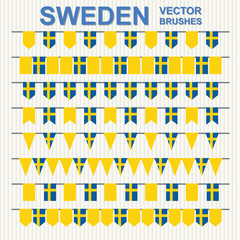 Set of vector pattern brushes on striped background. Sweden. Yellow, blue.