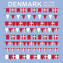 Set of vector pattern brushes on striped background. Garland of danish flags. Denmark. Red, white.