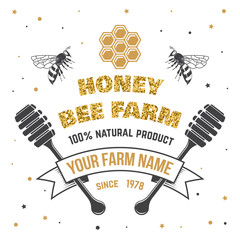 Honey farm badge. Vector. Concept for shirt, print, stamp or tee. Vintage typography design with bee, honeycomb piece and honey dipper silhouette. Retro design for honey bee farm business